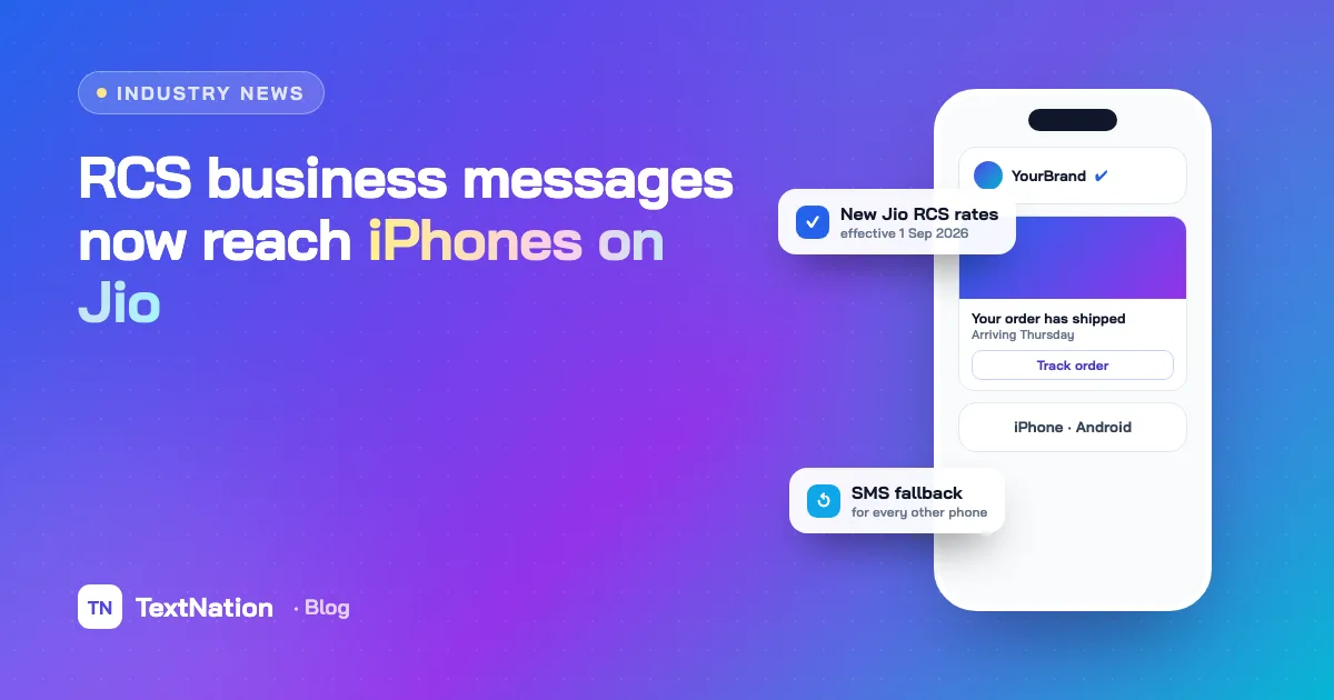 Phone showing a verified brand RCS message on iPhone and Android with SMS fallback
