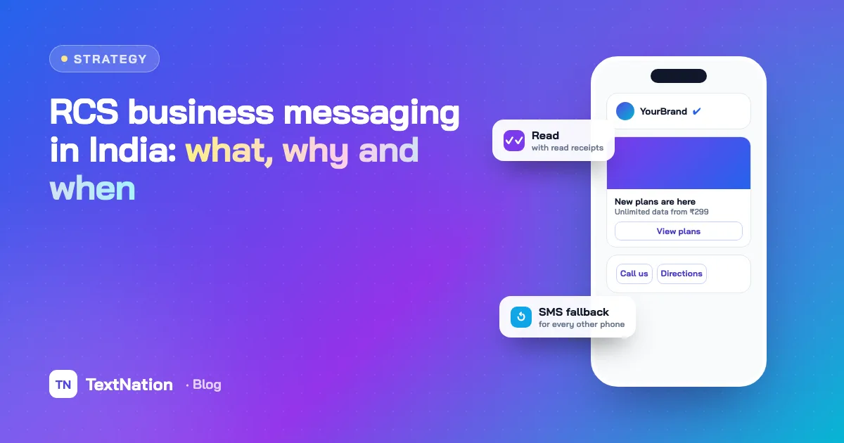 Phone showing a verified brand RCS message with a rich card, buttons and read receipt