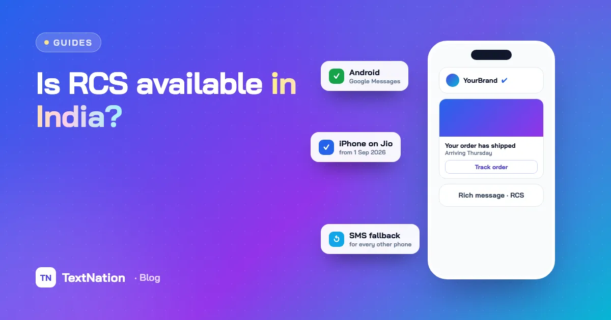 Phone receiving a verified RCS message, with Android, iPhone and SMS fallback labels